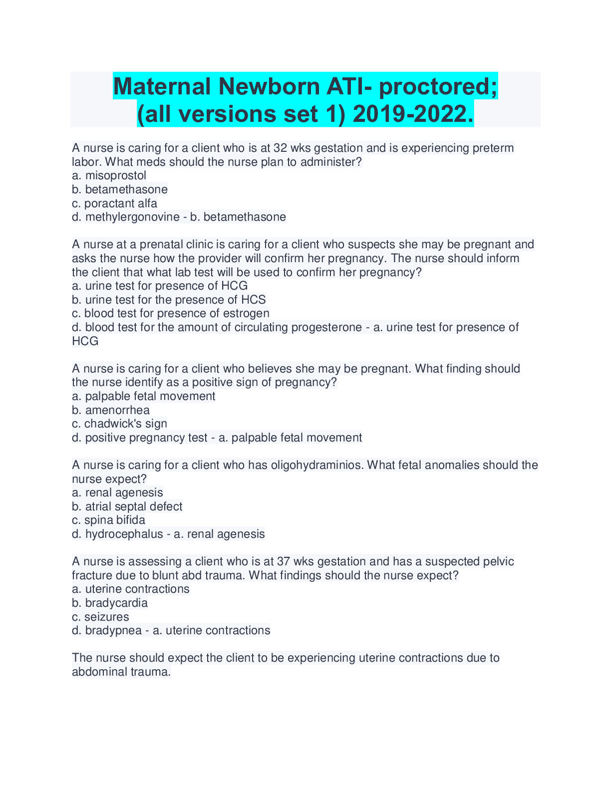 Preview image for Maternal Newborn ATI- proctored; (all versions set 1) 2019-2022.